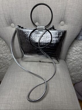THACKER NEW YORK Metallic Silver Croc-Embossed Ring Handle Crossbody Bag